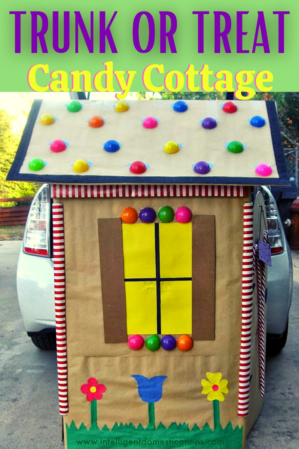 An image of a Halloween Trunk or Treat Design that looks like a candy cottage sitting behind a car for church trunk or treat even