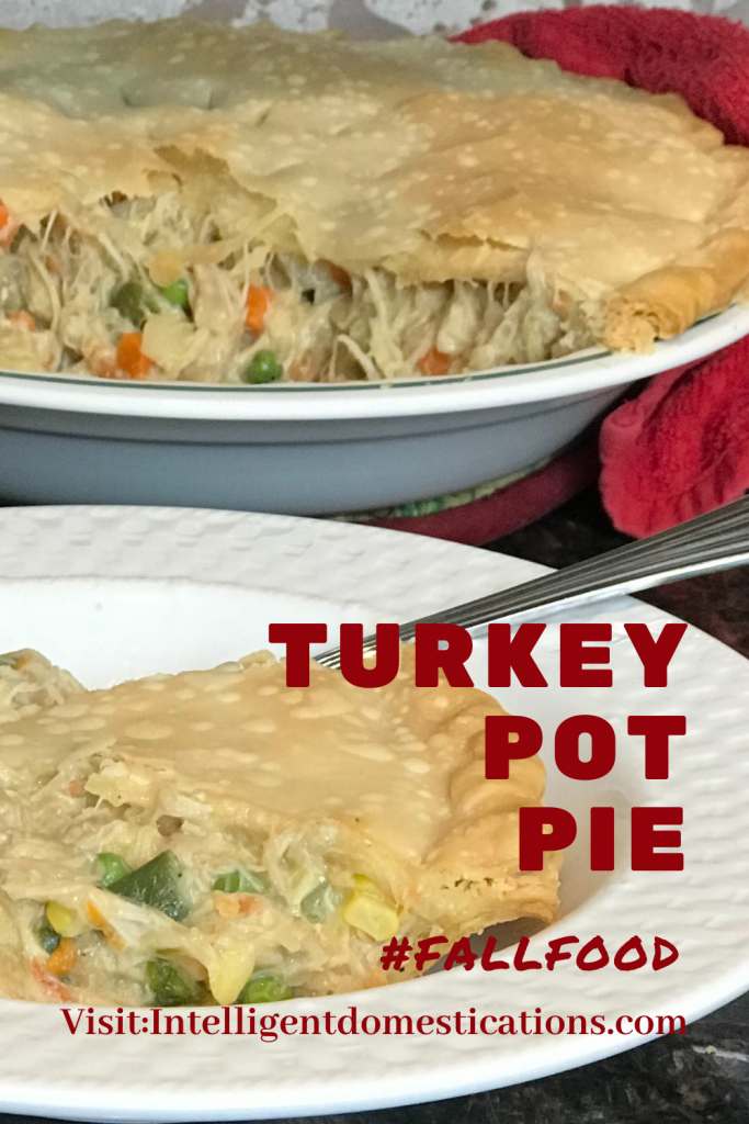 Turkey Pot pie in a pie plate with one section removed which is displayed in a white bowl