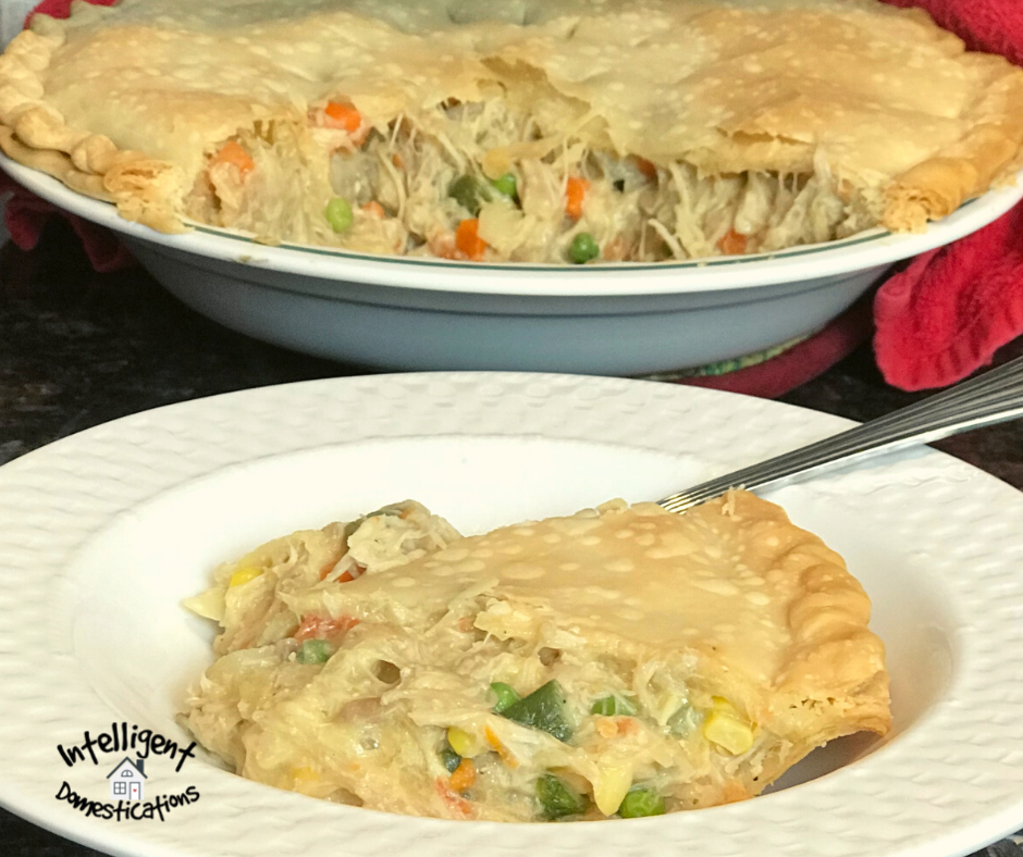 Pot pie served in a white bowl with the pie plate full behind it