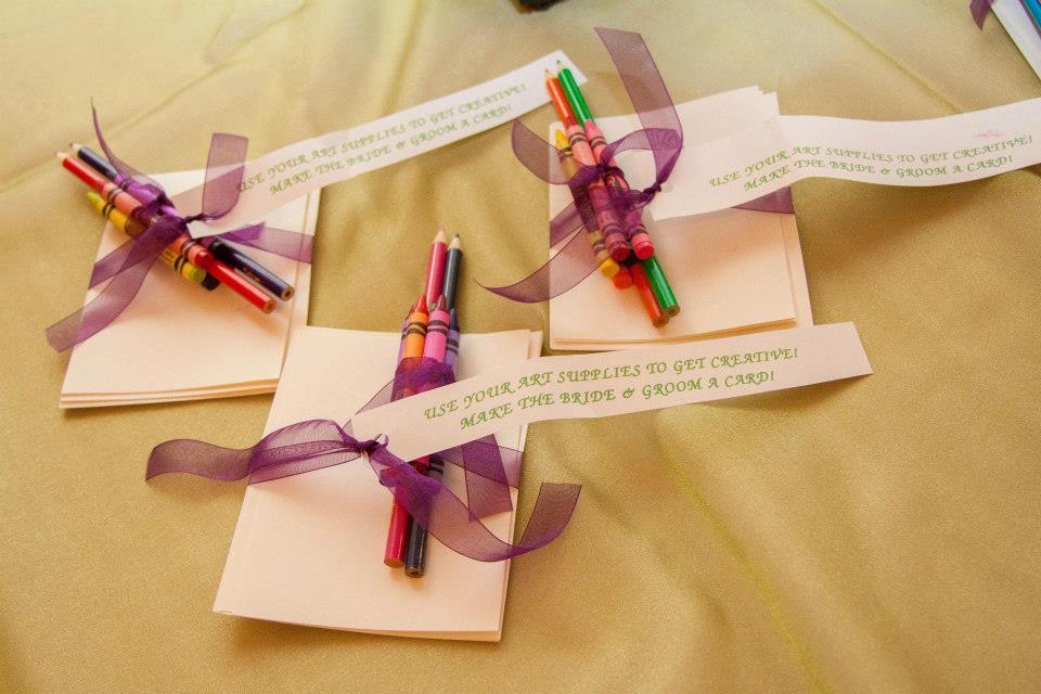 Peacock theme wedding ideas. Coloring bundles for the children's table. Art supplies for children at wedding. Wedding reception Children's table idea. 