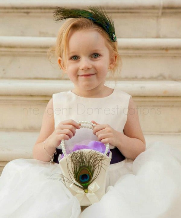 Peacock theme wedding ideas. Peacock hair piece. Flower girl peacock feather hair piece.