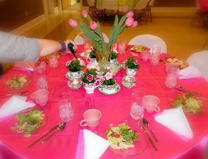 Womens ministry event tablescape ideas with Sweet William plants in vintage teacups.intelligentdomestications.com