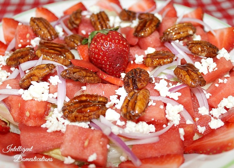 Watermelon Salad with pecans, feta and red onions