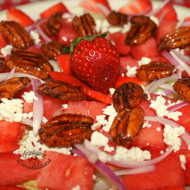 Watermelon Strawberry Salad with feta and candied pecans