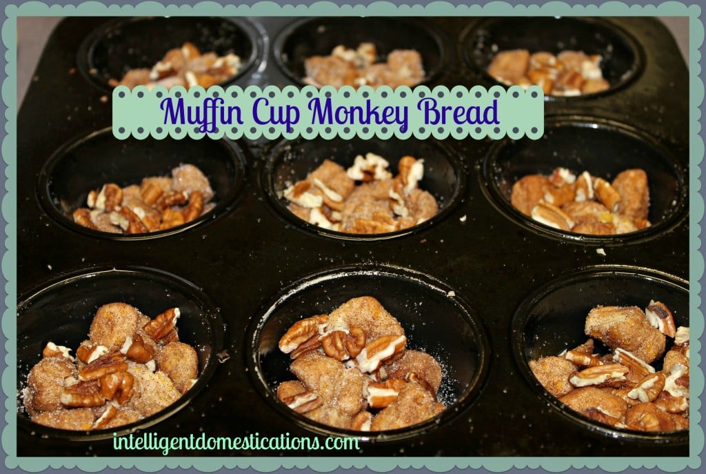 Muffin Cup Monkey Bread.Spray the pan. Place the cut up, cinnamon-sugar dusted biscuits and pecans into the cups.intelligentdomestications.com