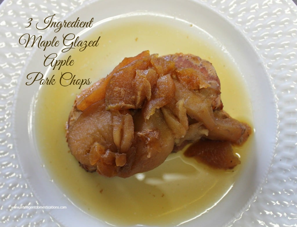 Crockpot Maple Glazed Apple Pork Chops easy recipe with only 3 simple ingredients. Three Ingredient Pork Chop recipe. We use fresh apples. Leave the skin on the apples for added fiber. This Crockpot recipes is ready in about 4 hours. #crockpotrecipe #porkchops #applerecipe #weeknightmeal