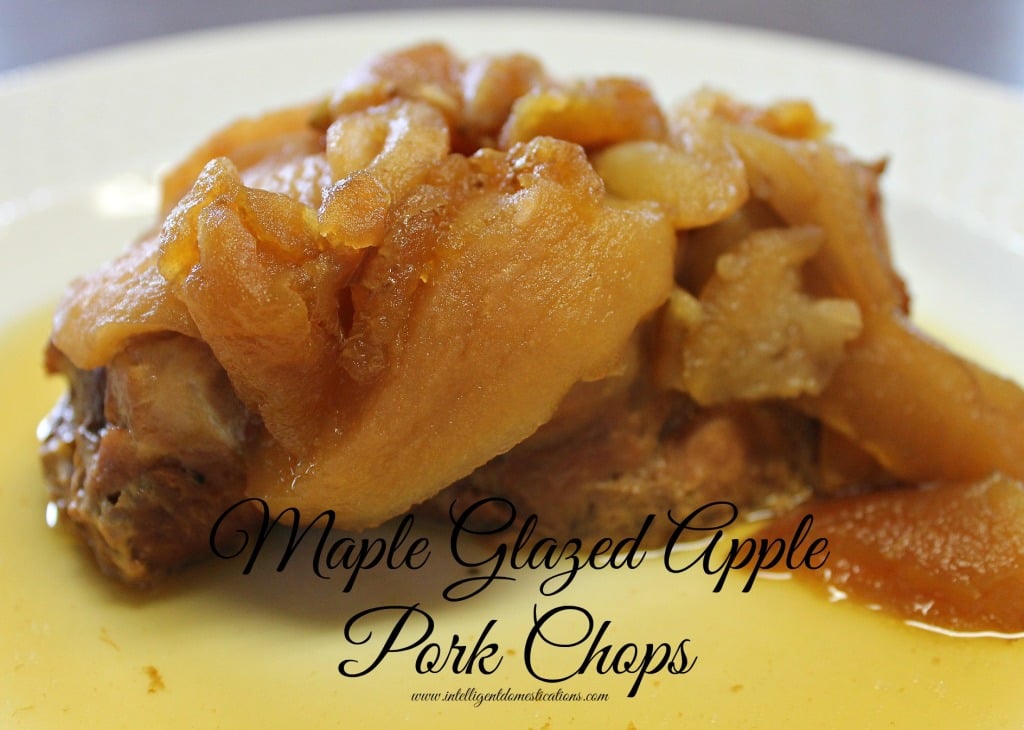 Crockpot Maple Glazed Apple Pork Chops easy recipe with only 3 simple ingredients. Three Ingredient Pork Chop recipe. We use fresh apples. Leave the skin on the apples for added fiber. This Crockpot recipes is ready in about 4 hours. #crockpotrecipe #porkchops #applerecipe #weeknightmeal