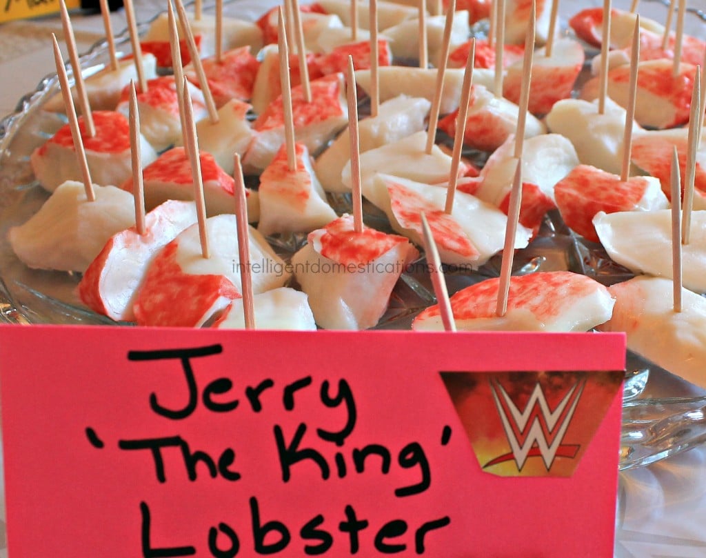 Planning a Wrestlemania party is always the most fun. With WWE Pun Named party food and drinks, we know the menu will be yummy. This is one of our Wrestlemania parties with all the food and decor ideas. #WWEparty WWE Theme Party Ideas with recipes and decor. WWE Party. Serve your guest some Jerry the King Lobster at your WWE Theme party.Ideas at intelligentdomestications.com