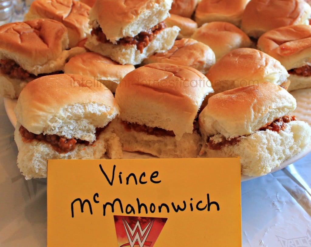Planning a Wrestlemania party is always the most fun. With WWE Pun Named party food and drinks, we know the menu will be yummy. This is one of our Wrestlemania parties with all the food and decor ideas. #WWEparty WWE Theme Party Ideas with recipes and decor. WWE Party. Serve your guests some Vince McMahonwiches at your WWE Theme party.Ideas at www.intelligentdomestications.com