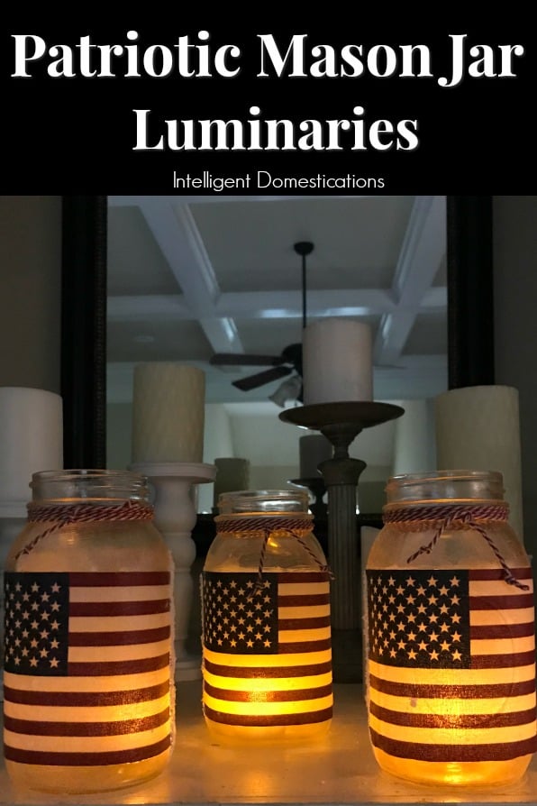 DIY Patrioric Mason Jar Luminaries. Patriotic Mason Jar craft project. How to make Patriotic Mason Jar Candle holders. #patrioticmasonjar #masonjarcraft #patrioticoutdoordecor #diypatrioticdecor