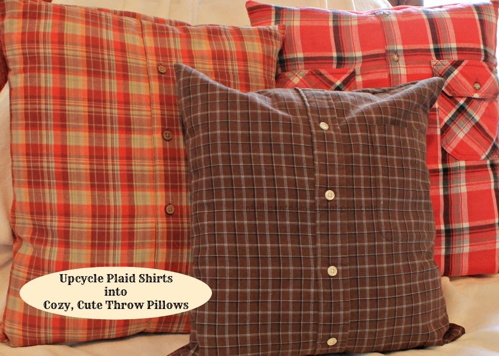 A picture of three plaid shirt pillows grouped together
