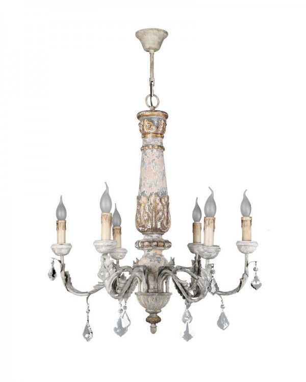 6 Light Vintage Wooden Chandelier with Crystal Decorations at Parrot Uncle
