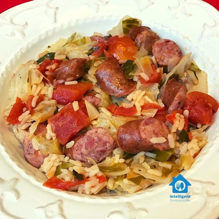 Skillet Cabbage, Rice and Sausage one dish dinner in a bowl