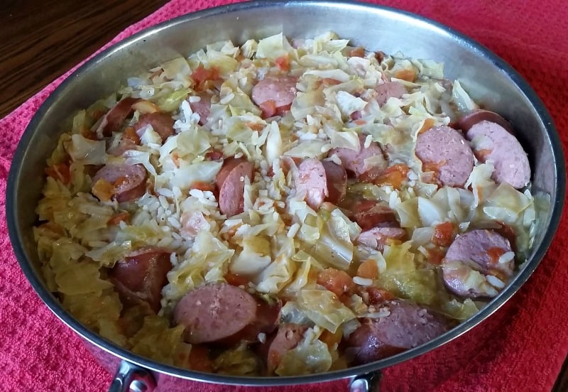 Skillet Cabbage, Sausage and Rice Dinner.Find this one dish dinner recipe at intelligentdomestications.com