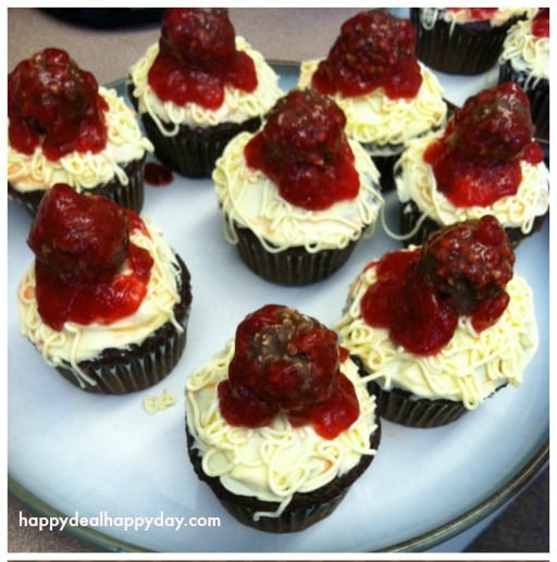 Spaghetti and Meatballs cupcakes from happydealhappyday.com. April Fools food idea