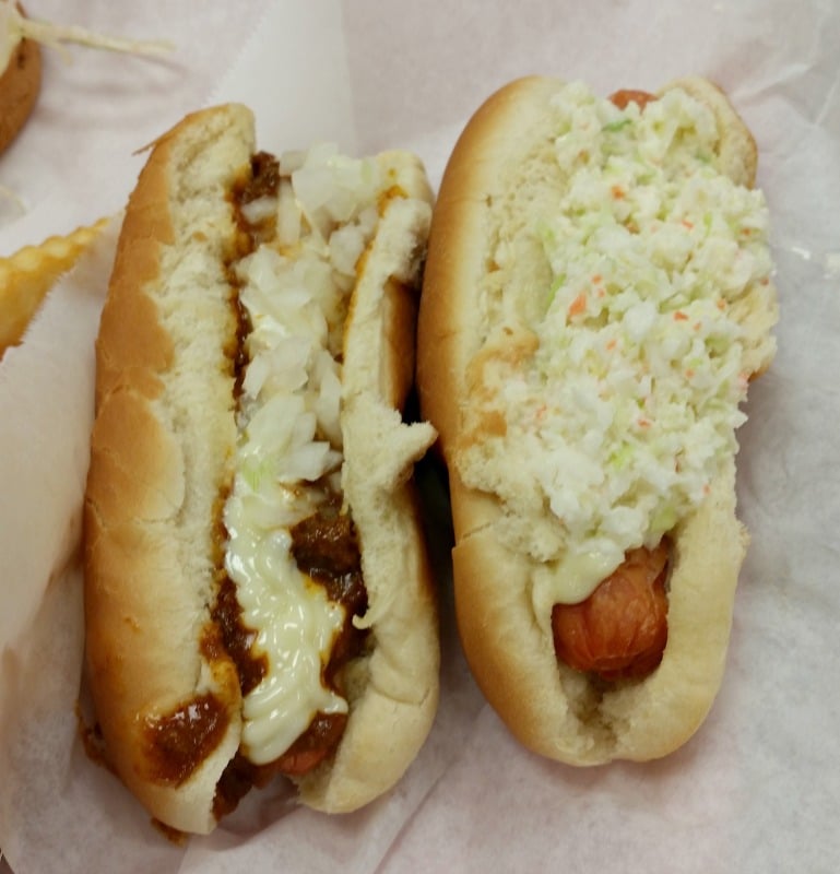 Hot dogs with chili and cole slaw on top