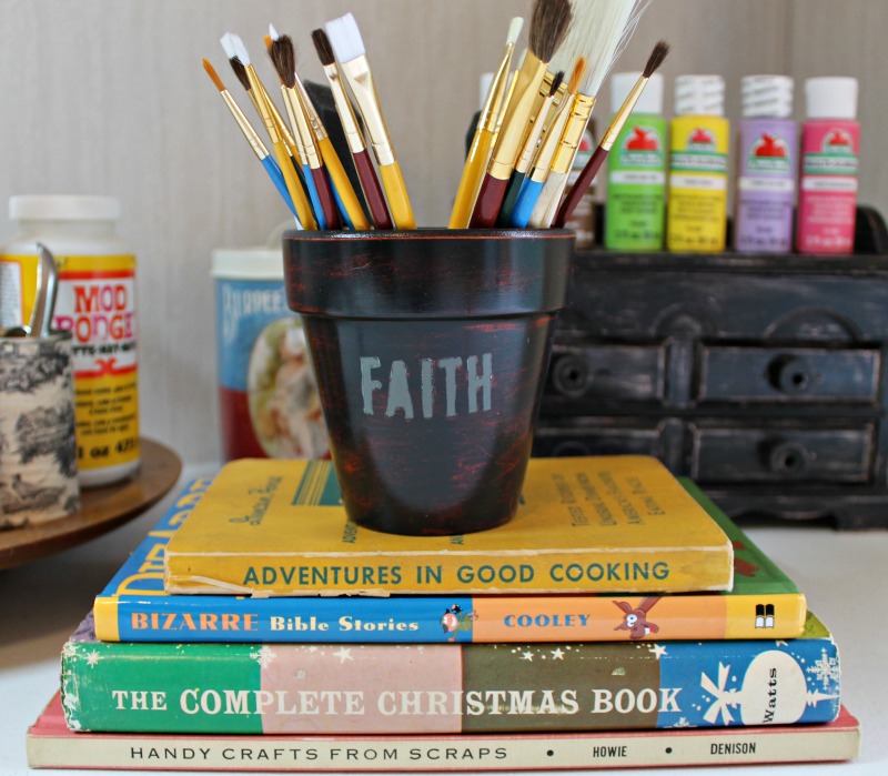 DIY Faith stenciled clay pot craft room paint brush storage