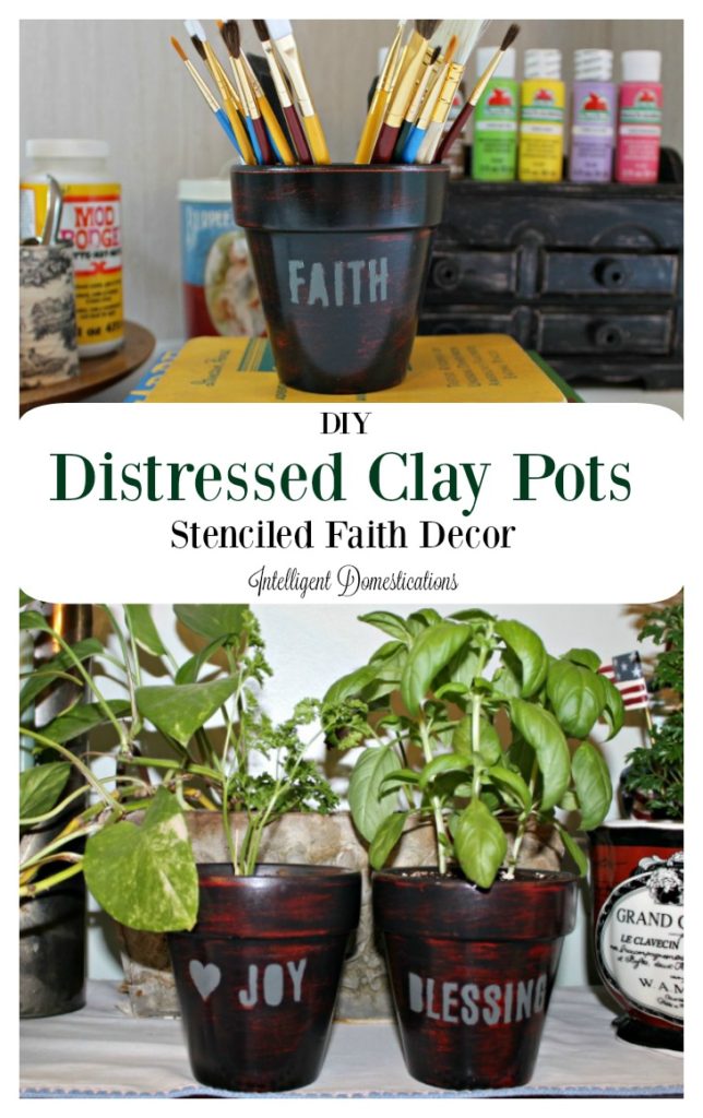 My DIY Distressed Clay pots tutorial is super easy. It's easy to DIY your own faith decor with paint and stencils