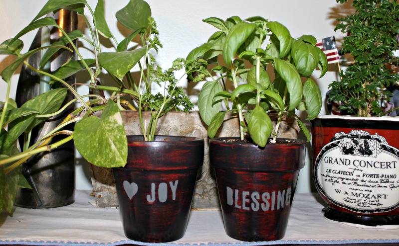 Thrifted clay pots makeover. Herb planters