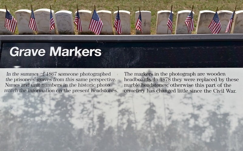 Grave marker historial information at Andersonville Civil War prison camp