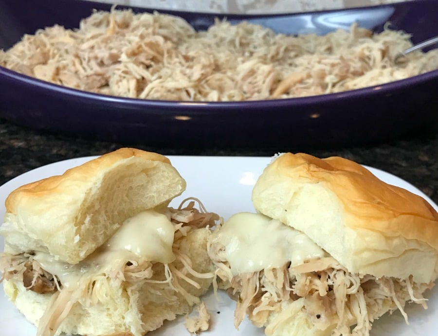 How to make shredded chicken sliders. Cook boneless chicken in the Crockpot to make shredded chicken for sliders and lots of other uses. #chickenrecipe