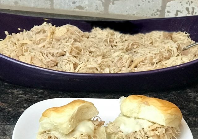 How to make shredded chicken sliders. Cook boneless chicken in the Crockpot to make shredded chicken for sliders and lots of other uses. #chickenrecipe