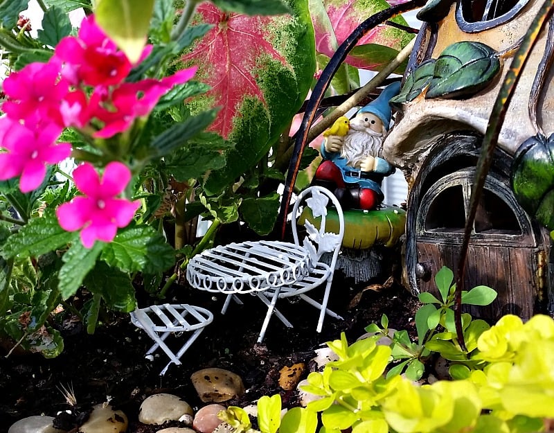Our Fairy Garden Bistro set after makeover. My Fairy Garden Tour 2016. Fairy Garden Ideas. Flowers to use in a flower garden. #fairygarden #gnomes #fairygardenideas 