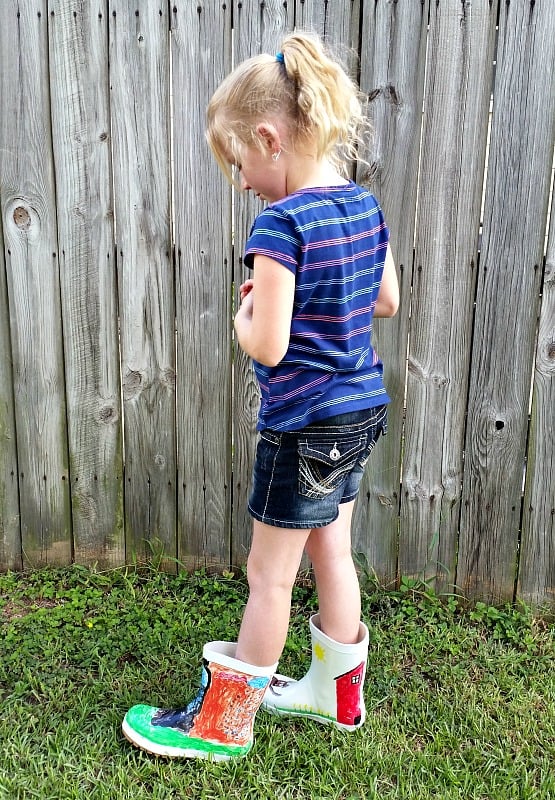 Ashley wearing her new My Design Rain Boots that she and her Papa painted together