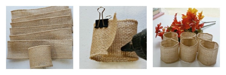 How to make Burlap Ribbon Fall Napkin Rings. This is a super easy Fall decor craft using minimal supplies and time. Pick your own flowers and make Fall Napkin Rings to match your Thanksgiving table. #DIYDecor #Burlapcraft How to make easy burlap fall napkin rings. DIY Burlap Fall Napkin rings. DIY Fall Napkin rings. Burlap napkin rings.