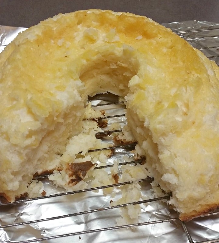 I have baked this Two Ingredient Pineapple Angel Food cake a few times now. This one was made in a fancy shaped bundt pan. No matter what pan it's baked in, it is always delicious