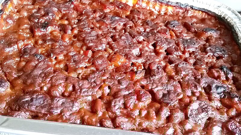 baked beans in a disposable aluminum pan