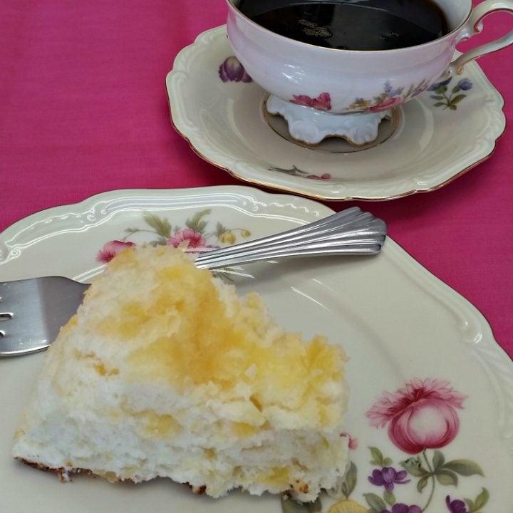 pineapple angel food cake slice on a dish