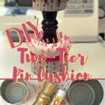 Make your own sewing pin cushion with our can upcycle tutorial. When space is a problem in the sewing room or craft room, make you own Two Tier storage! This is a quick and easy project using scraps you already have on hand. #upcycle #repurpose #sewingroom #craftroom #intellid