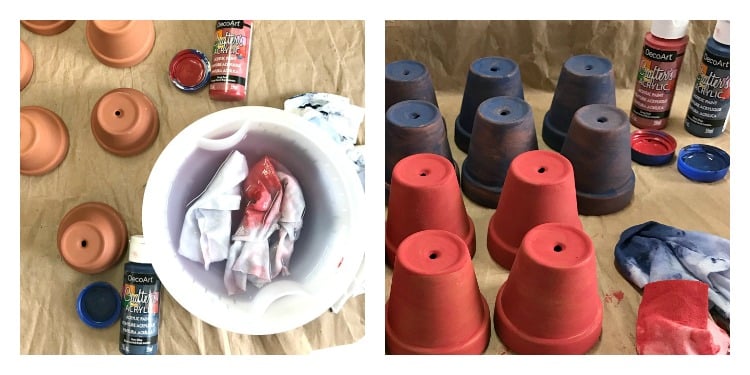 Dollar Tree flower pots being painted in red white and blue colors