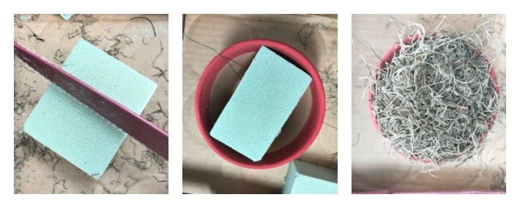 floral Styrofoam being cut and inserted in to a flower pot and then Moss added on top