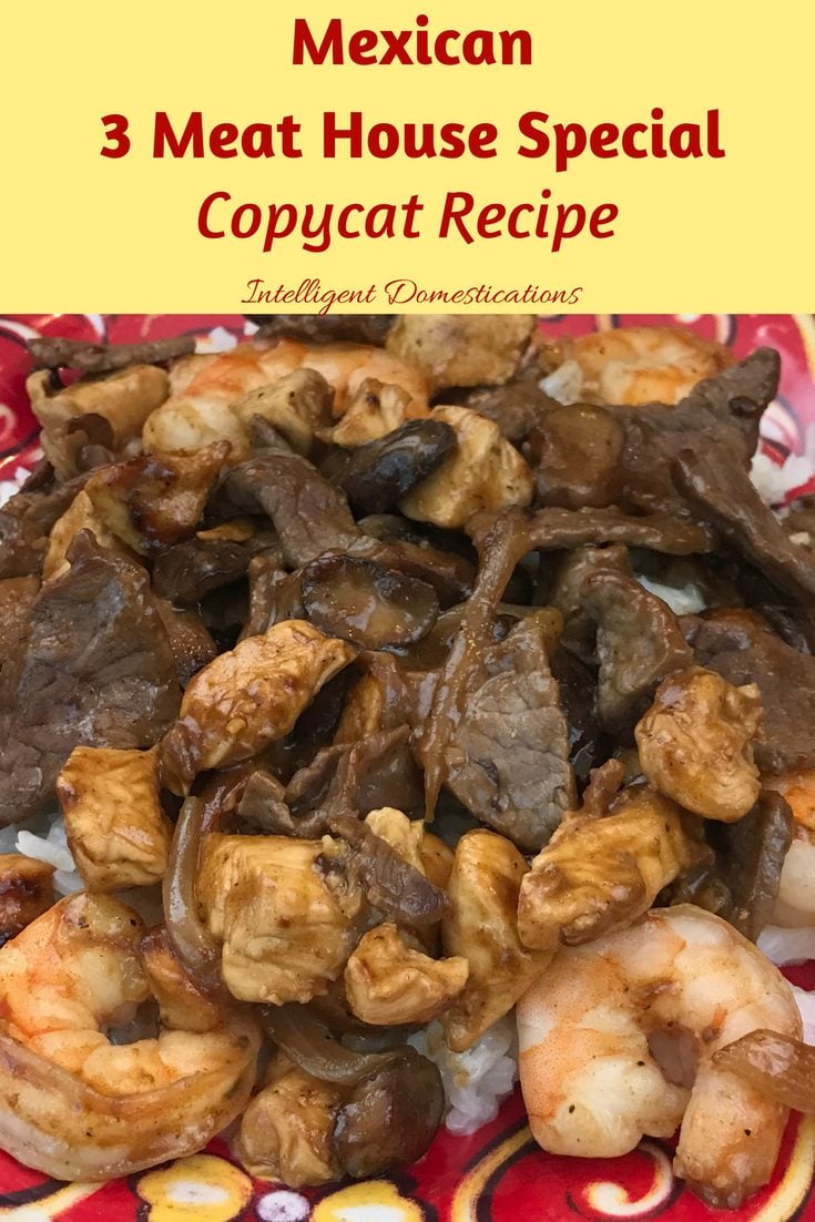 Mexican Three Meat House Special coypycat recipe. Shrimp, chicken and beef served on a bed of seasoned rice slathered with white cheese and grilled mushrooms and onions. You can get this as the house special at any Mexican restaurant. #mexicanmeal Mexican Three Meat House Special coypycat recipe. Shrimp, chicken and beef served on a bed of seasoned rice slathered with white cheese and grilled mushrooms and onions. You can get this as the house special at any Mexican restaurant. #mexicanmeal