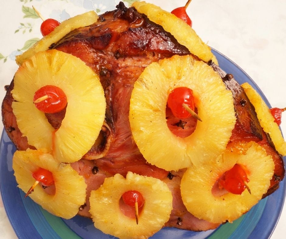 Sliced Baked Ham with pineapples and cherries