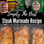 steaks cooking on a flat top grill and a collection of marinade ingredients