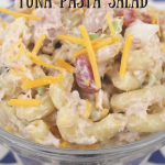 tuna pasta salad in a clear bowl