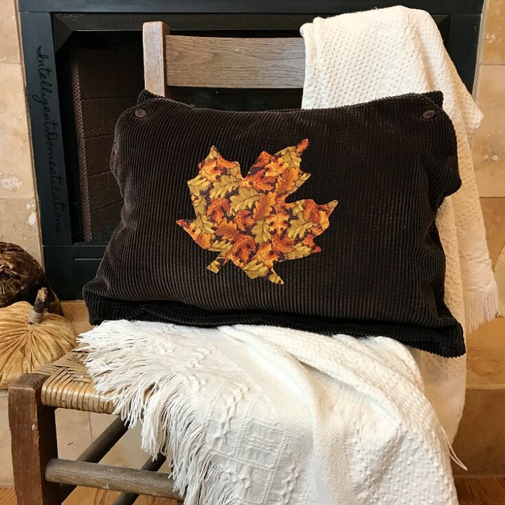 DIY Fall Leaf Pillow Cover tutorial. How to make a fall pillow cover from a skirt. How to Turn A Corduroy Skirt Into Pillow Cover. Fall Pillow Cover