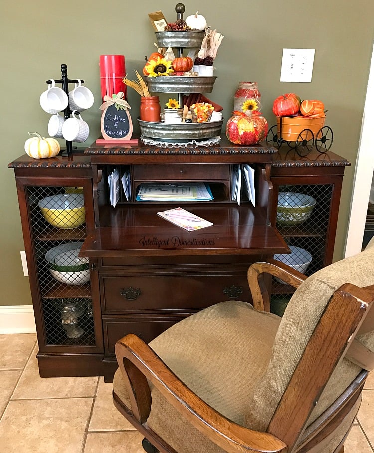 Our antique sideboard decorated for Fall showing the hidden desk