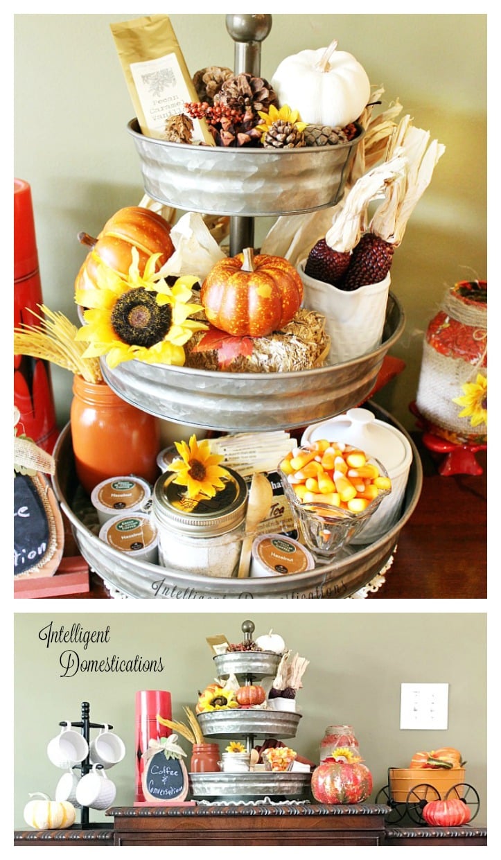Tiered Fall Coffee Bar. Hot Beverage Bar set up on antique buffet. Fall coffee bar. Fall Hot beverage bar.