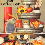 A Fall coffee bar decorated with traditional fall colors using a galvanized three tier shelf and vintage coffee thermos