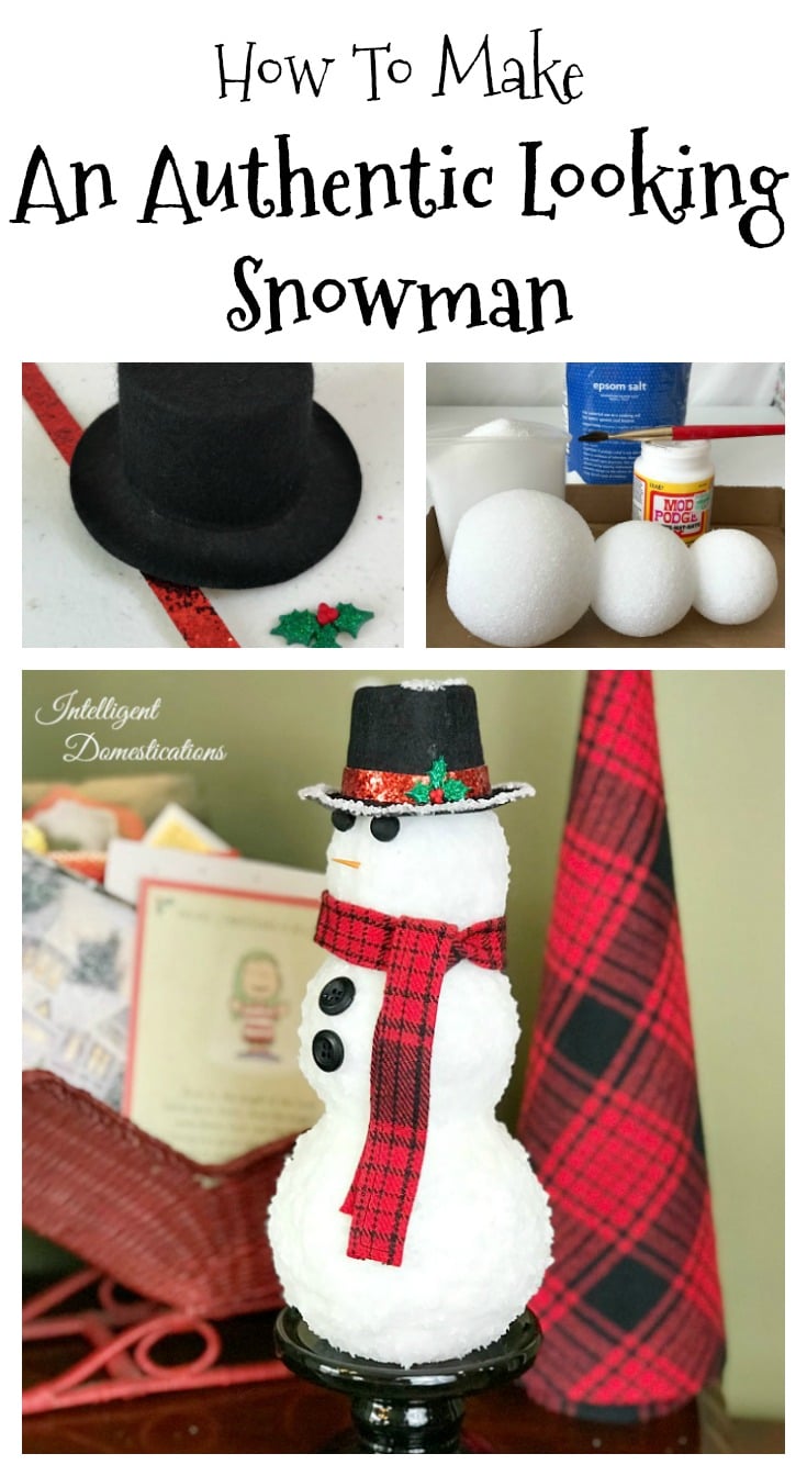 DIY Icy The Snowman Vignette Decor. How to make a real looking snowman for your home decor. DIY Icy looking snowman. Use Epsom salts to create real looking ice for your DIY snowman