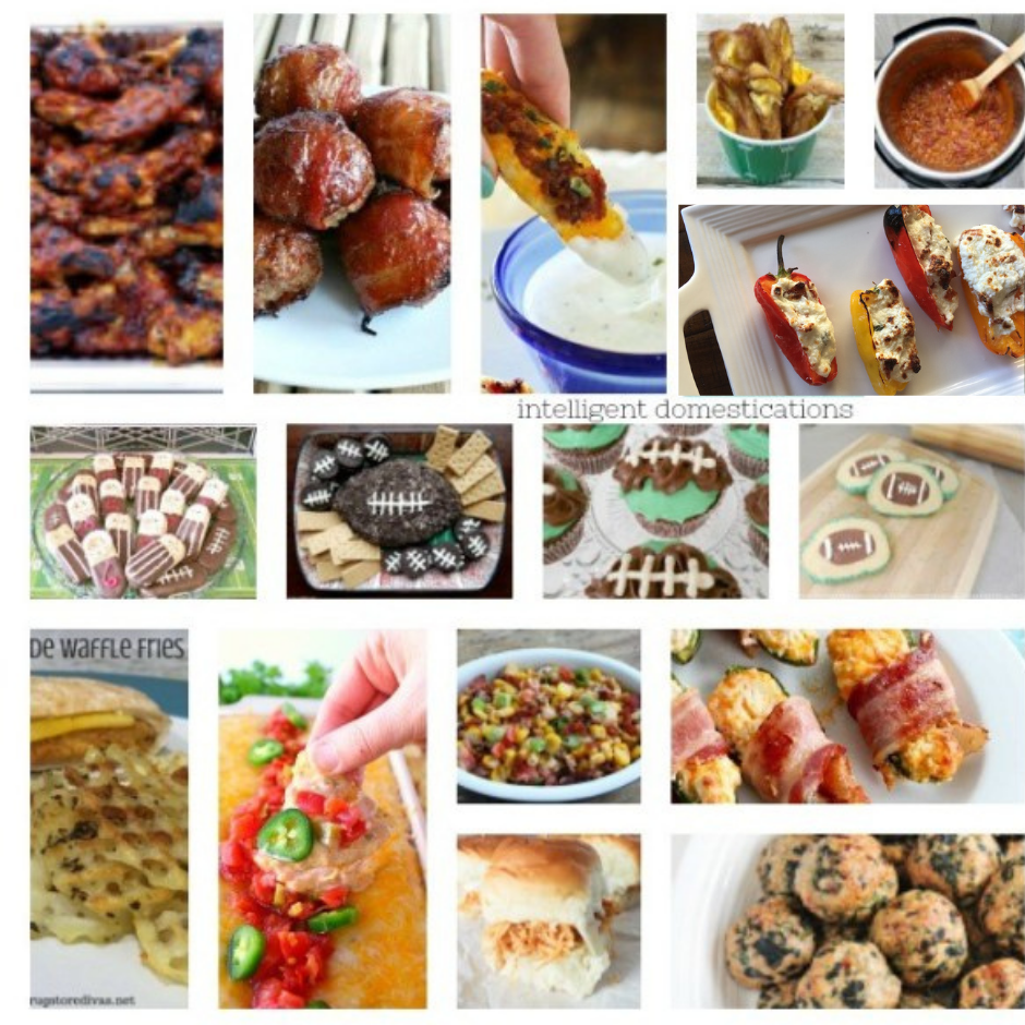 a collage of party food recipes to eat at a Superbowl party