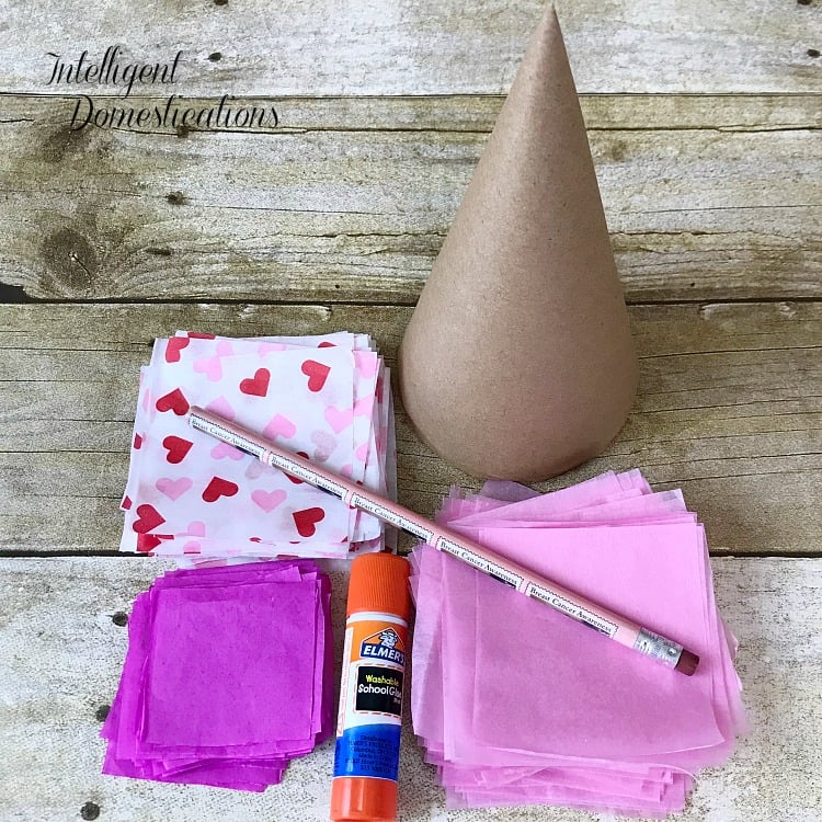 Supplies for making a crafty tissue paper cone tree for Valentine's supplies for making a tissue paper cone tree for Valentine's