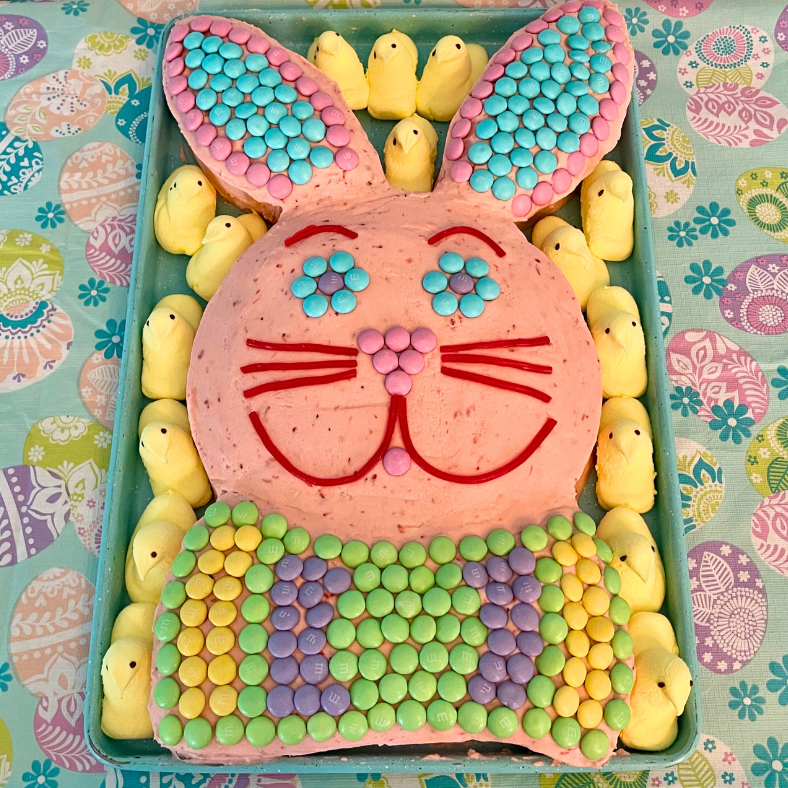 Easter Bunny Cake decorated with pastel M&M's candies