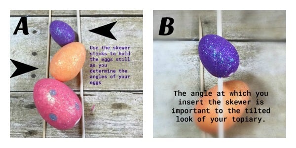 How to insert the skewer stick through the eggs for the topiary look you want. How to make an Easter Egg Topiary tree