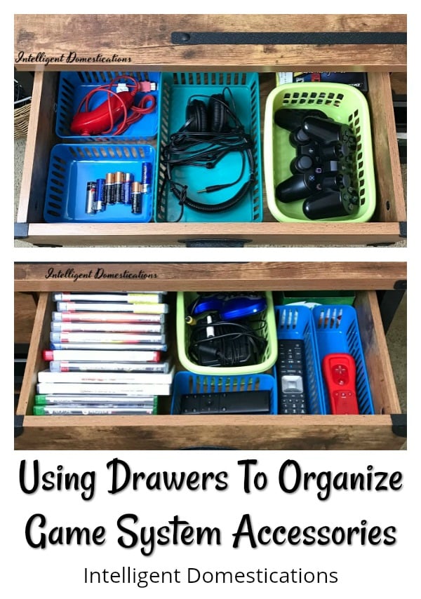 Using drawers to organize game system accessories and supplies. How I organized our game system accessories with drawers on a TV console. #howtoorganize 