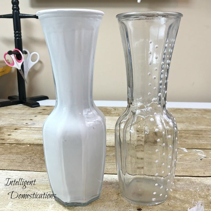 How To Make A Faux Hobnail Vase. DIY Faux Hobnail glass. Easy tutorial for Faux Hobnail milk glass vase. How to make your own hobnail milk glass. #fauxhobnail #hobnailmilkglass #fauxmilkglass #diyhobnail